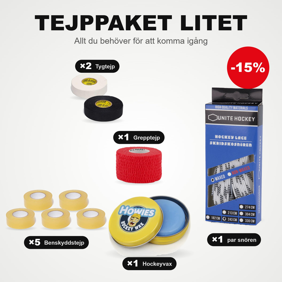 Teippipaketti pieni: 5 Säärisuoja-teippi, 2 kangasteippiä, 1 grippiteippi, 1 pari luistinnauhoja ja jääkiekkovaha