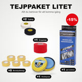 Teippipaketti pieni: 5 Säärisuoja-teippi, 2 kangasteippiä, 1 grippiteippi, 1 pari luistinnauhoja ja jääkiekkovaha