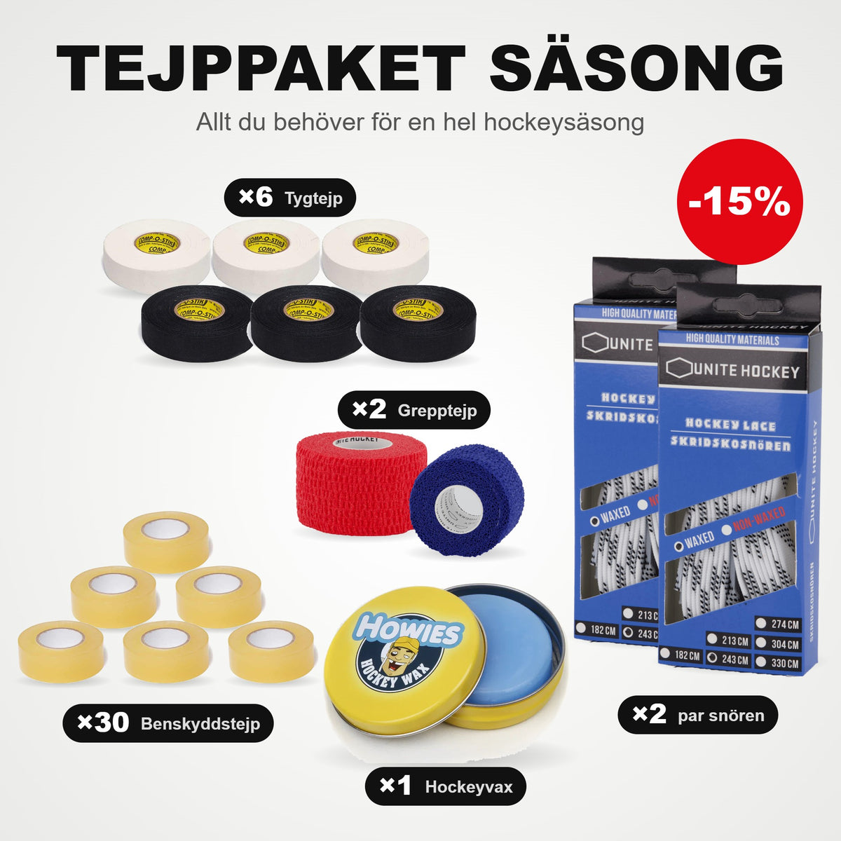 Teippipaketti Kausi: 30 Säärisuoja-teippi, 6 kangasteippiä, 2 grippiteippiä, 2 paria luistinnauhoja ja lätkävaha