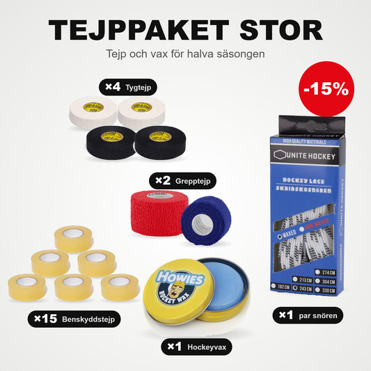 Teippipaketti Koko: 15 Säärisuoja-teippi, 4 kangasteippiä, 2 grippiteippiä, 1 pari luistinnauhoja ja jääkiekkovahaa